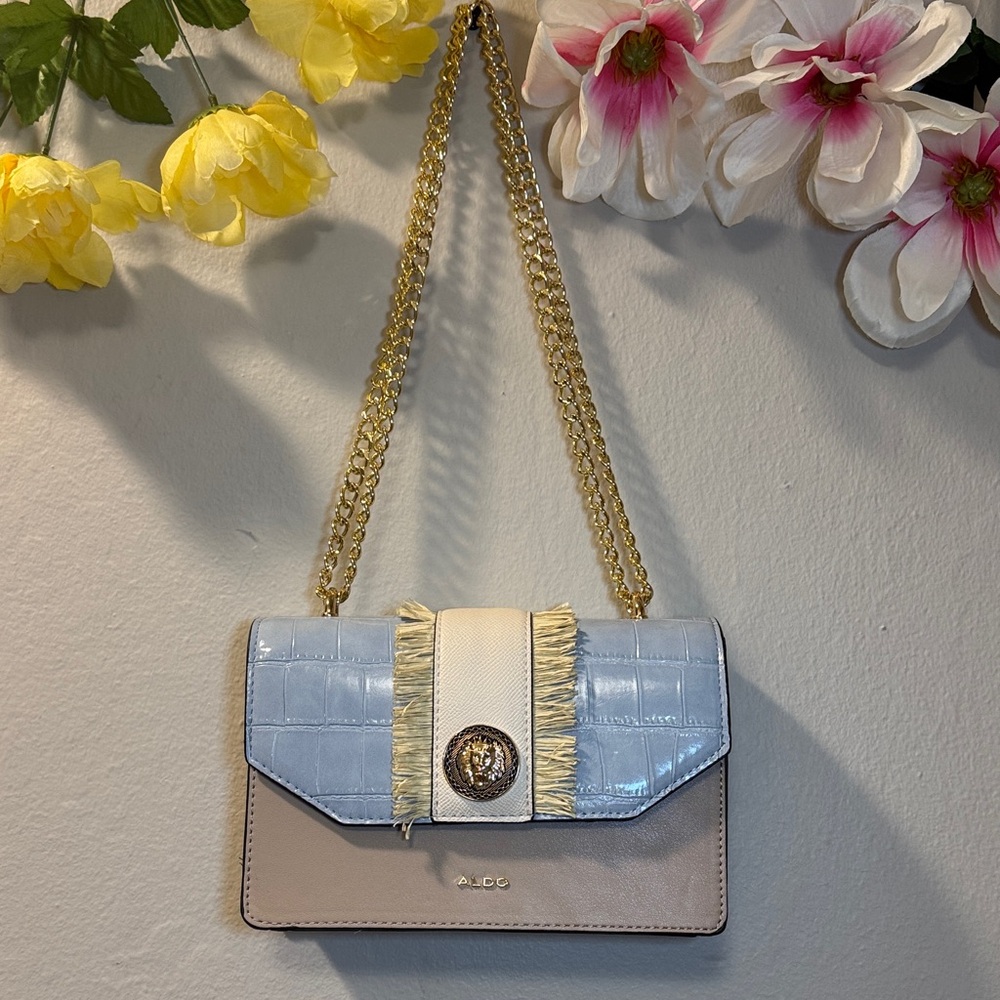 ALDO Two-Tone Light Blue & Beige Chain Crossbody Bag with Gold Trim
